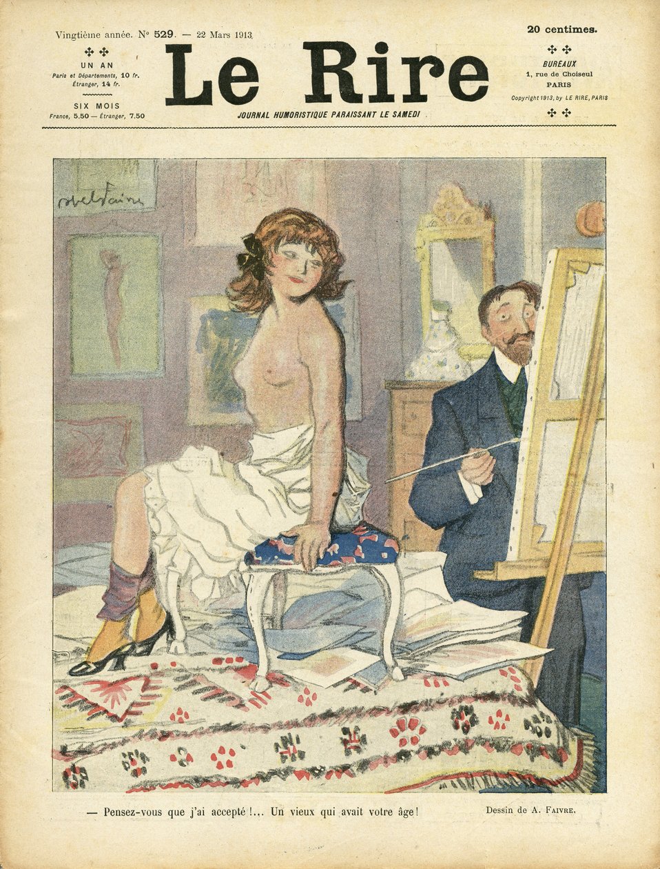 Illustration av Abel Faivre (1867-1945) för omslaget till Le Rire, 22/03/13 - Konst, naken - Målare, konstnärer, modell (som poserar) av Jules Abel Faivre