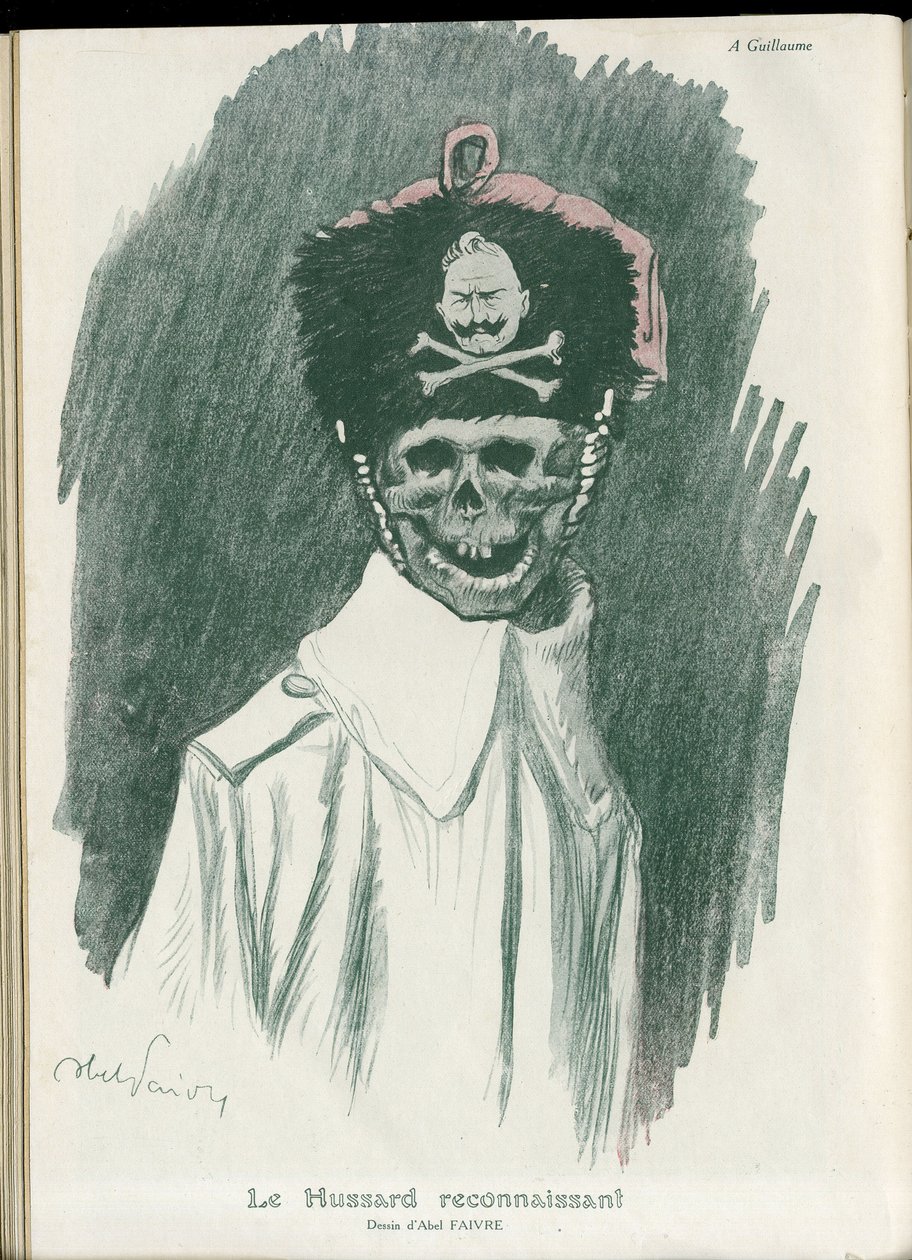 Illustration av Abel Faivre (1867-1945) i "" Fantasio"", 01/05/15 - Den tacksamma Hussard - War of 14 -18, Tyskland Preussian - William II, Reaper/Comrade - Death, FacesRiantes av Jules Abel Faivre