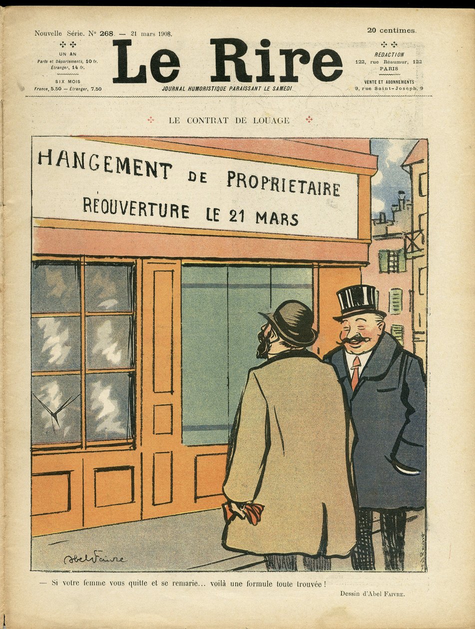 Illustration av Abel Faivre (1867-1945) för omslaget till Le Rire, 21/03/08 - Hyreskontraktet - Arkitektur Stadsplanering, Bröllop, Adultere, Butiker av Jules Abel Faivre