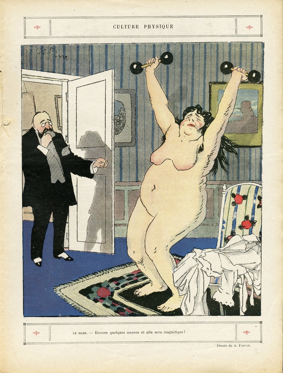 Illustration av Abel Faivre (1867-1945) i Le Rire, 03/05/13 - Fysisk kultur - Sport, Obeite, Naken - Kvinnor av Jules Abel Faivre
