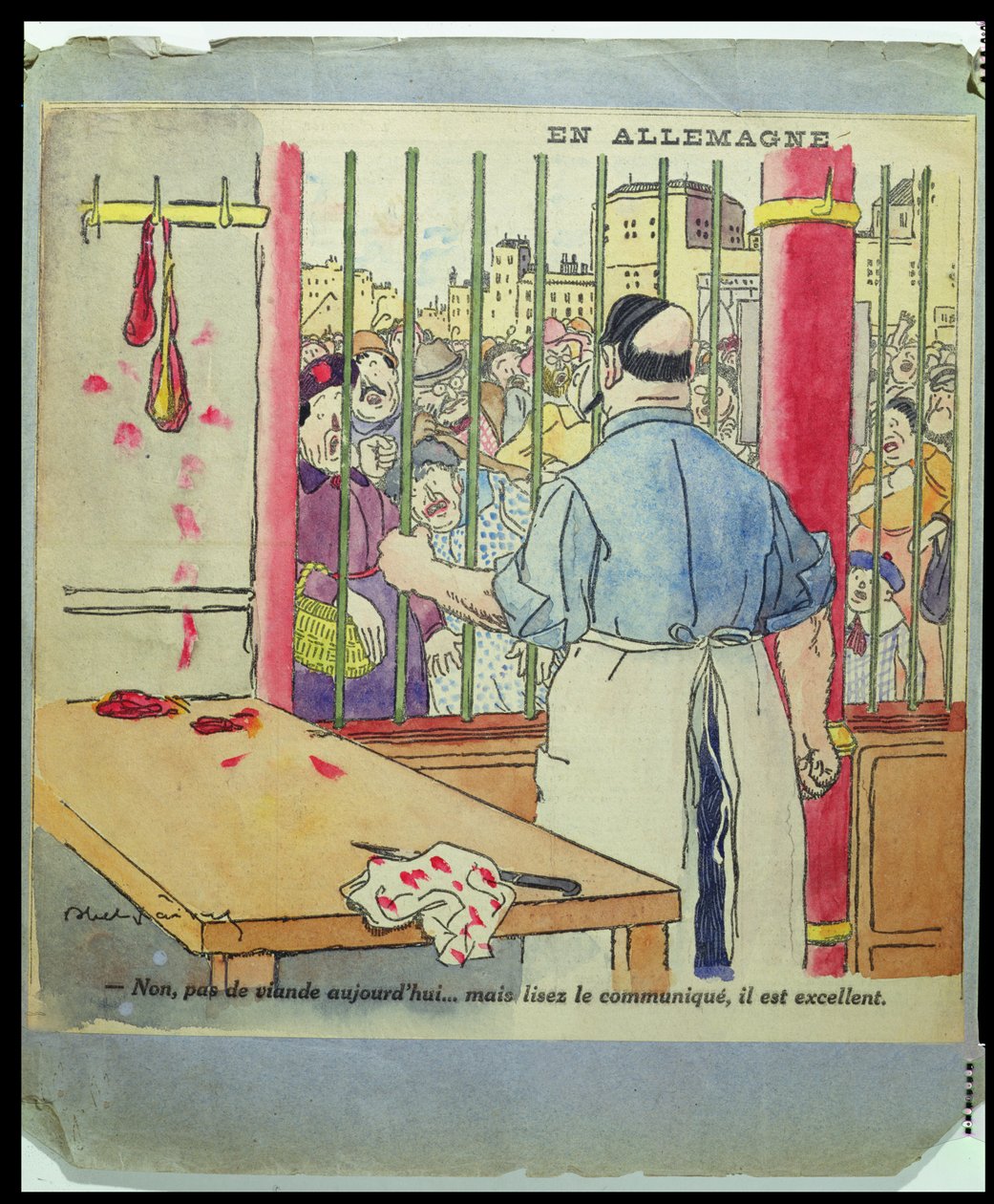 "Nej, det finns inget kött idag...men läs kommunikén, den är utmärkt", karikatyr av svälten i Tyskland, ca 1917 av Jules Abel Faivre