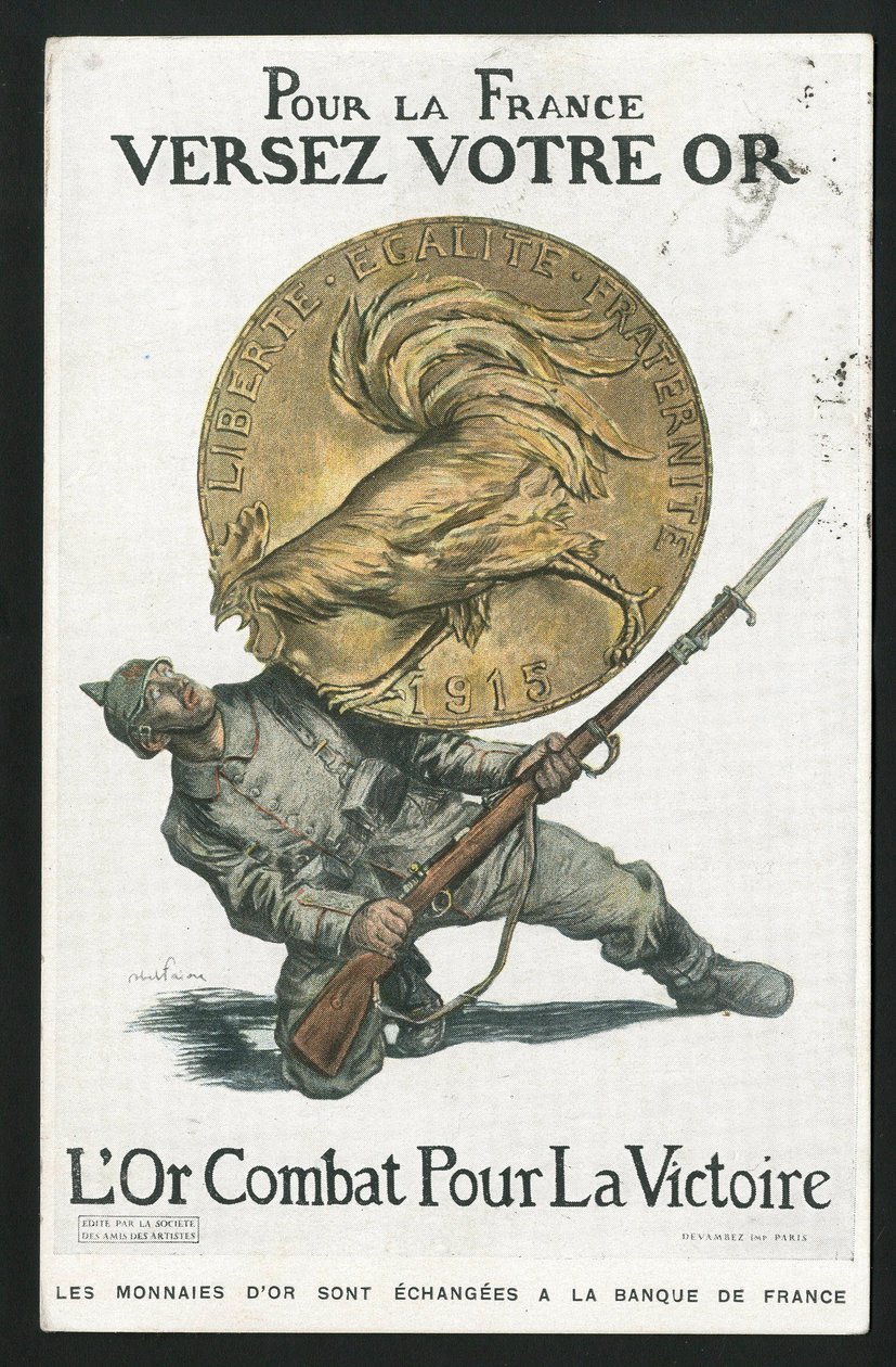 Vykort, Satirique en Colours, cirka 1915: För Frankrike, häll ditt guld - War of 14 -18, Tyskland Preussen, Silver, Beligerants and symbols, Victory, Borrowing, Travel patriotic - Rooster - Illustration by Abel Faivre (1867-1945) av Jules Abel Faivre