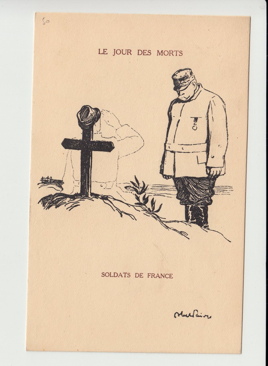 Vykort, Satirique en N & B, ca. 1915: De dödas dag - 14-18 års krig, Mourning Obseques Funerailles - Joffre, soldatillustration av Abel Faivre (1867-1945) av Jules Abel Faivre