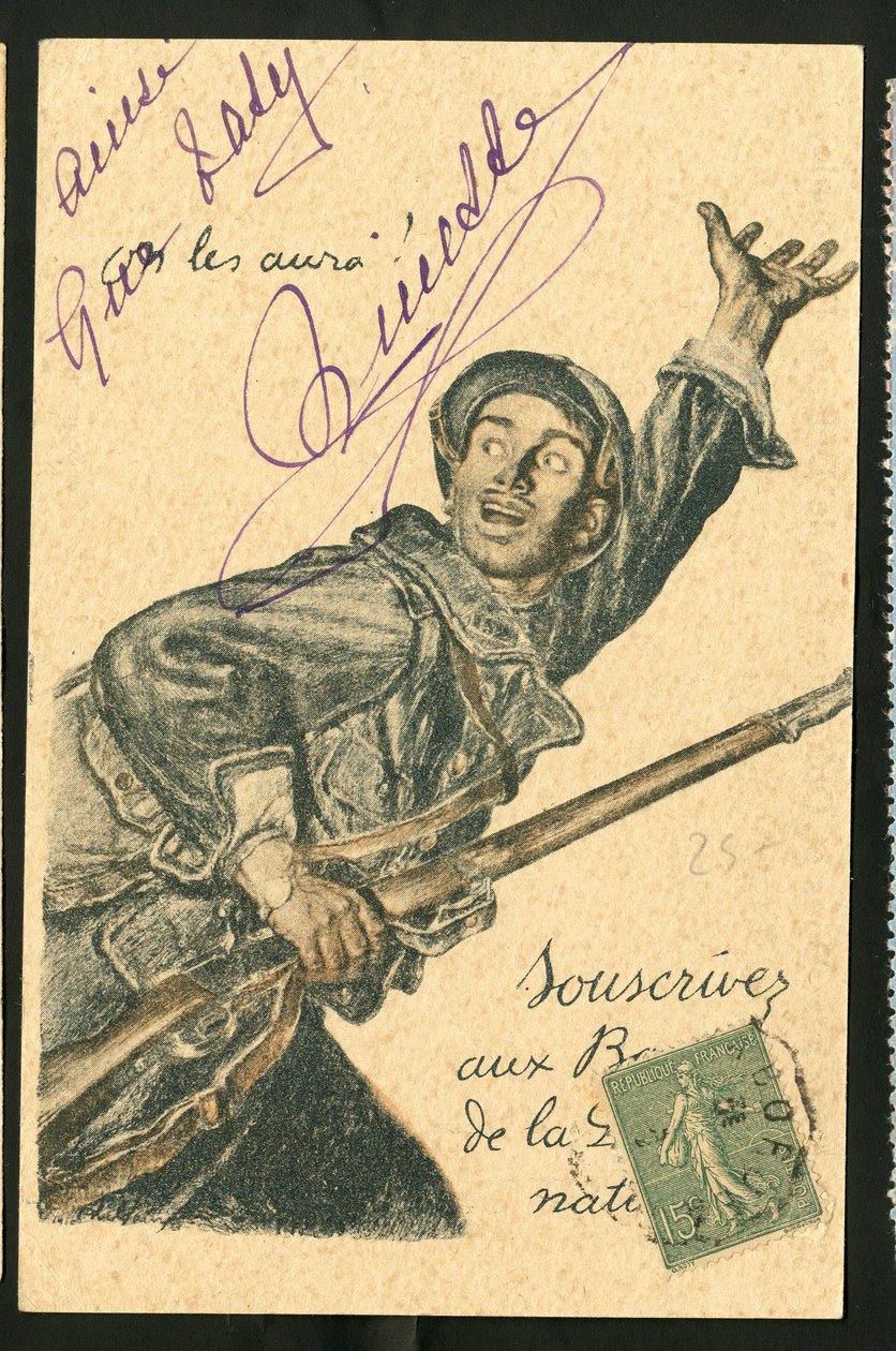 Vykort: Prenumerera på nationella försvarsobligationer - 14-18 års krig, krigare och symboler, lån, patriotiska dagar - Illustration av Abel Faivre (1867-1945) av Jules Abel Faivre