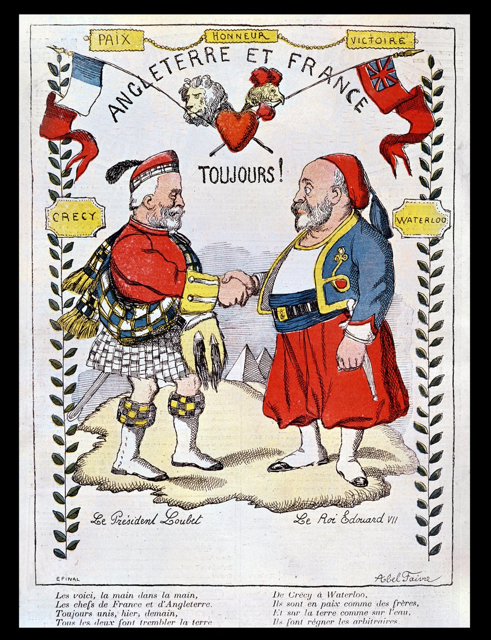 Entente Cordiale mellan Frankrike och Storbritannien: karikatyrer av president Loubet (1838-1929) och kung Edvard VII (1841-1910), illustration från "Le Rire", 1903 av Jules Abel Faivre