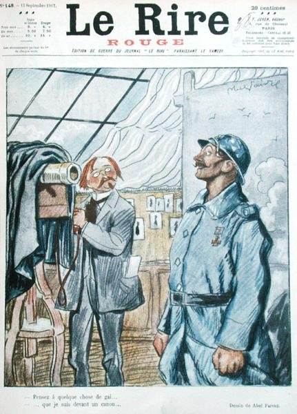 Den franske soldaten med fotografen, karikatyr från framsidan av "Le Rire Rouge" av Jules Abel Faivre
