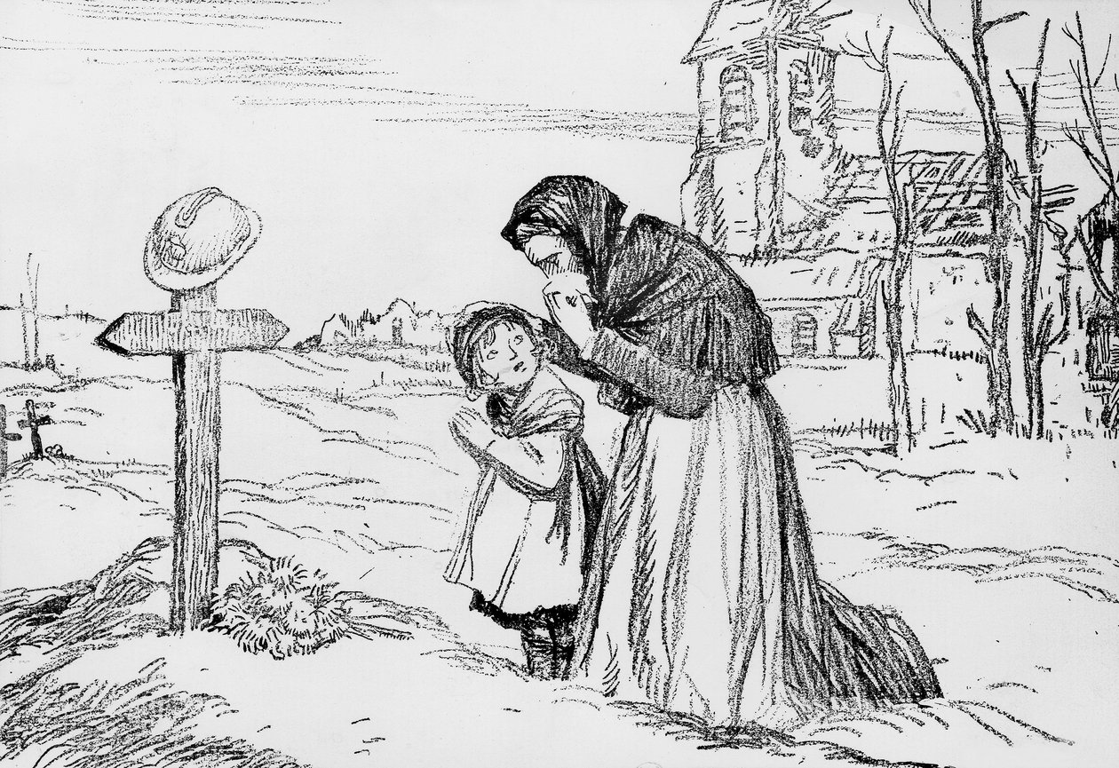 Änkan och hennes lilla dotter gråter över sin fars och mans grav under första världskriget, 1 november av Jules Abel Faivre