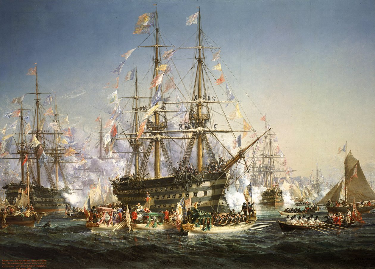 Napoleon III välkomnar drottning Victoria i Cherbourg, Frankrike, 5 augusti 1858 av Jules Achille Noel