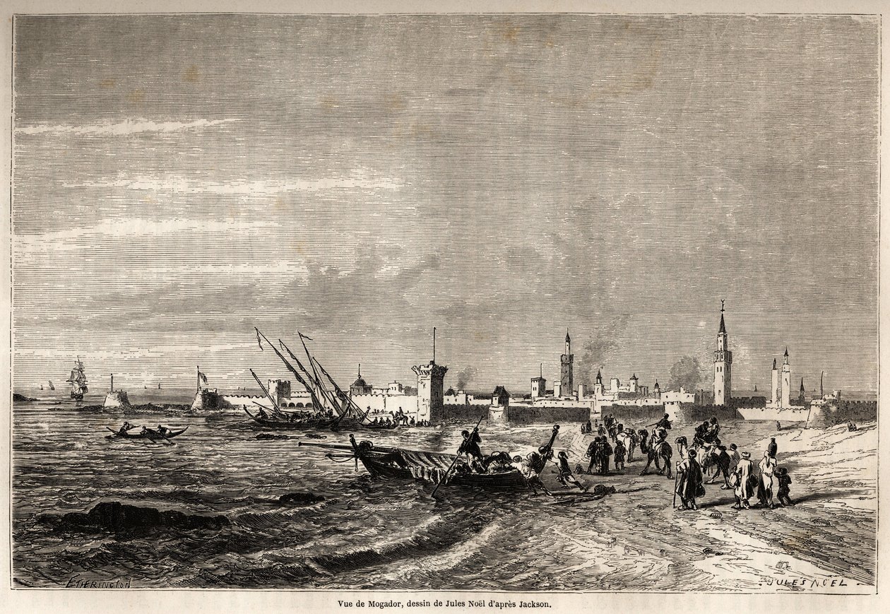 Vy över Essaouira (tidigare Mogador), teckning av Jules Noel (1810-1881), för att illustrera Mr.F. Schicklers resa till Marocko 1860. Gravyr i "" Le tour du monde, nouveau journal des voyages"" Paris av Jules Achille Noel