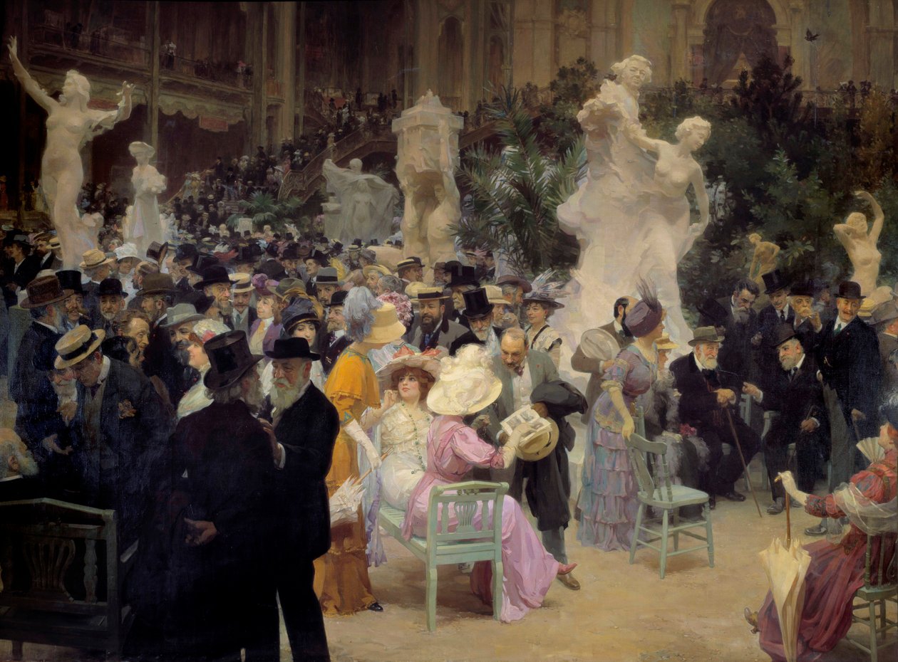 Belle epoque: "" En fredag på Salon des artistes français"" Medlemmar av den parisiska bourgeoisin träffas i samband med sociala evenemang. Detalj. Målning av Jules Alexandre Grun (1868-1934) 1911 Sön. 3,6x6,16 m Rouen, Musee des Beaux Arts av Jules Alexandre Gruen or Grun