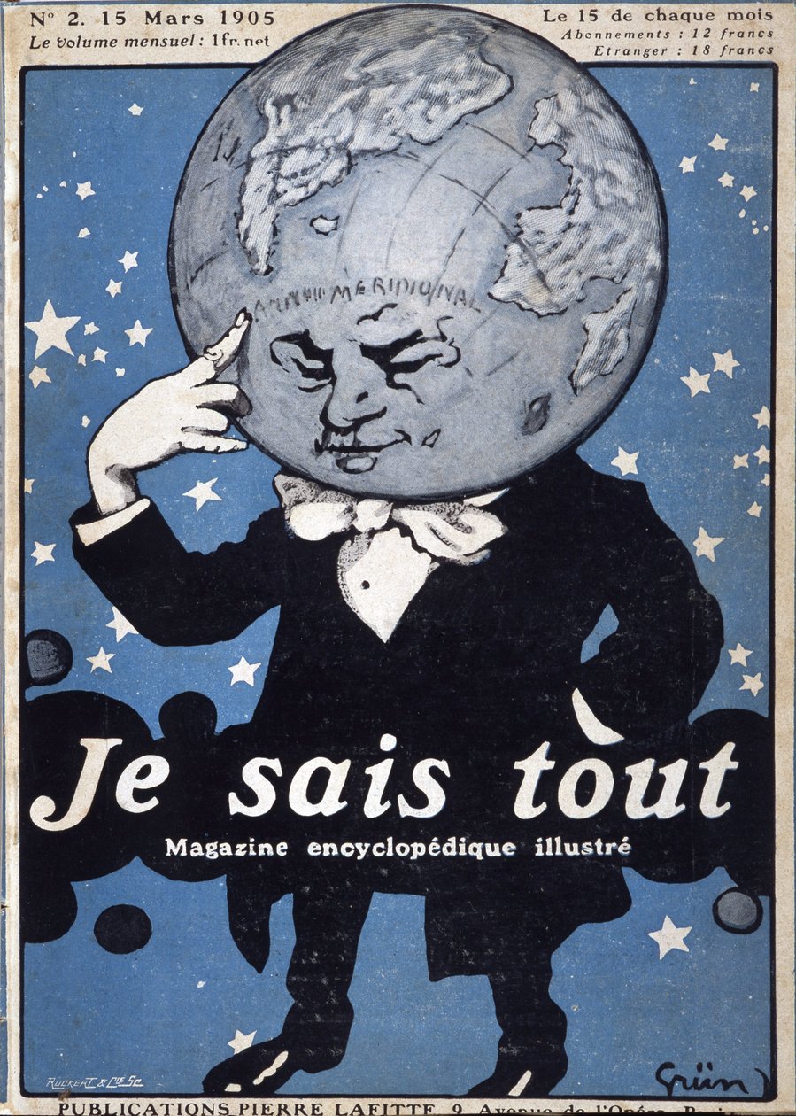 Earth Globe thinking - Thinking Earth Globe - i "Je Sais Tout"" från 1905-03-15 - illustration av Jules Grun 1868-1938 av Jules Alexandre Gruen or Grun