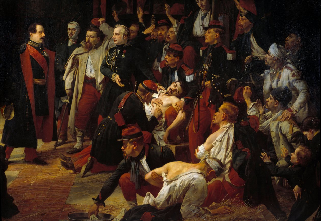 Kejsar Napoleon III besöker de franska, piemontesiska och österrikiska såren från slaget vid Montebello till Vogheres ambulanser i maj 1859. Detail. Målning av Jules Rigo (1810-1892) 1859 Paris, Museum of the Val de Grace av Jules Alfred Vincent Rigo