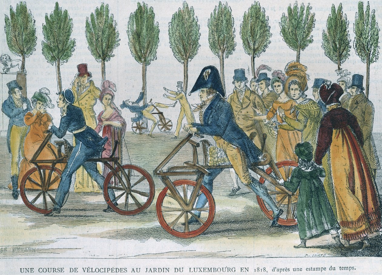 Ett velocipedlopp vid Jardin du Luxembourg 1818 efter en gravyr från tiden, graverad av P. Comte (1800-talet) (färgstick) av Jules Antoine Duvaux