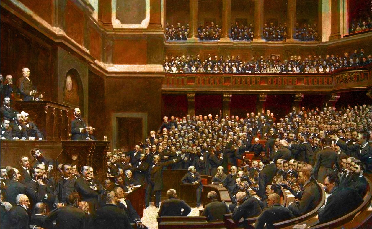 Adolphe Thiers (1797-1877) fransk politiker, utropade till "territoriets befriare" vid ett sammanträde i deputeradekammaren i Versailles av Jules Arsene (after) Garnier