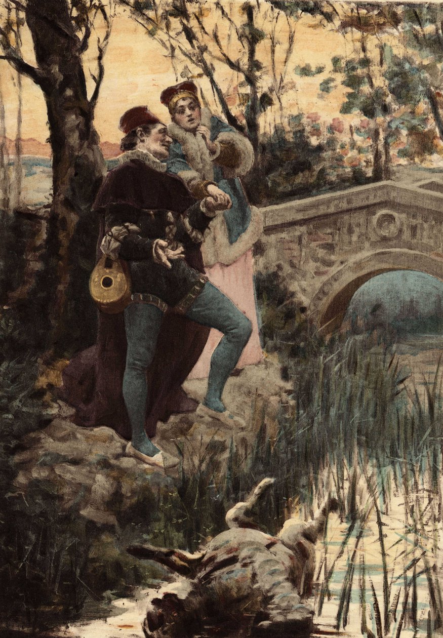 En man och en kvinna vid en bäck och en bro tittar på en djurkropp i vattnet. Pantagruel. Illustration av Jules Garnier. I "Rabelais och Jules Garniers verk" av Jules Arsene Garnier