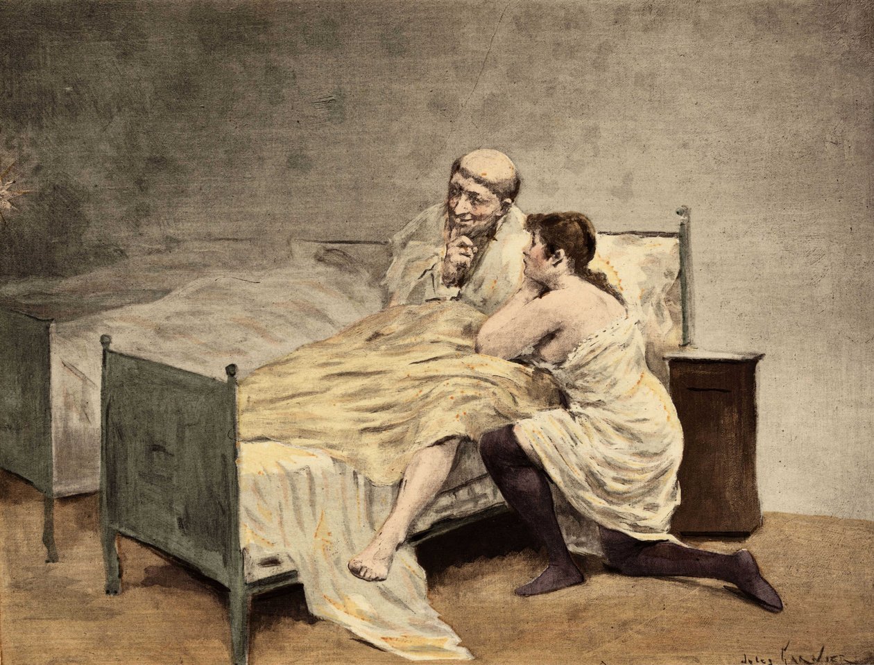 En ung flicka biktar sig för broder Royddimet, sittande i sin säng. Pantagruel. Illustration av Jules Garnier. I "Rabelais et l