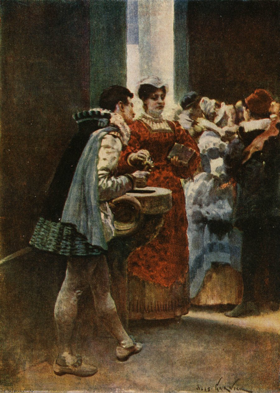 Vid ingången till en kyrka, Panurge som ger vatten till en kvinna. Pantagruel. Illustration av Jules Garnier. I "Rabelais et l