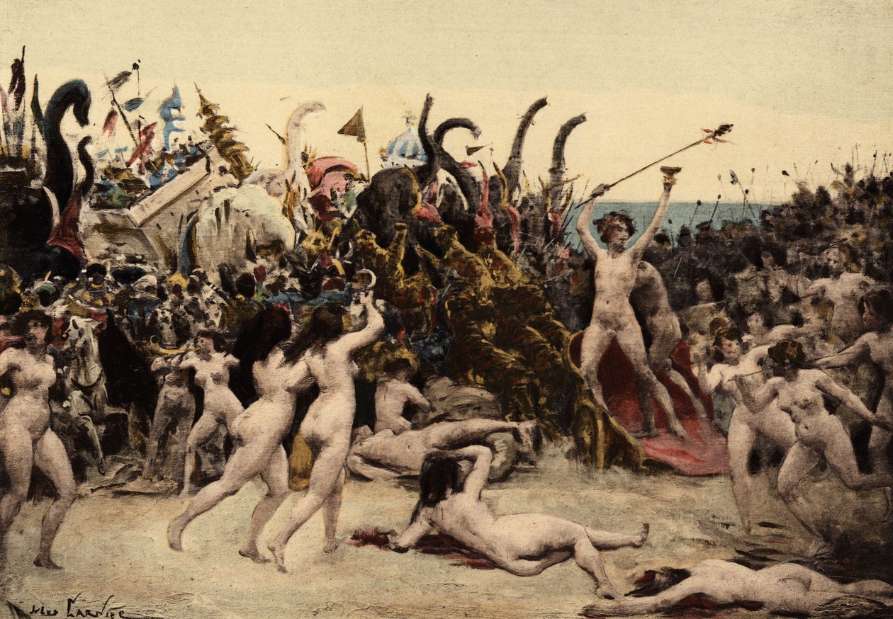 Bacchus (Dionysos, Bacco) och hans armé anfaller den indiska armén av Jules Arsene Garnier