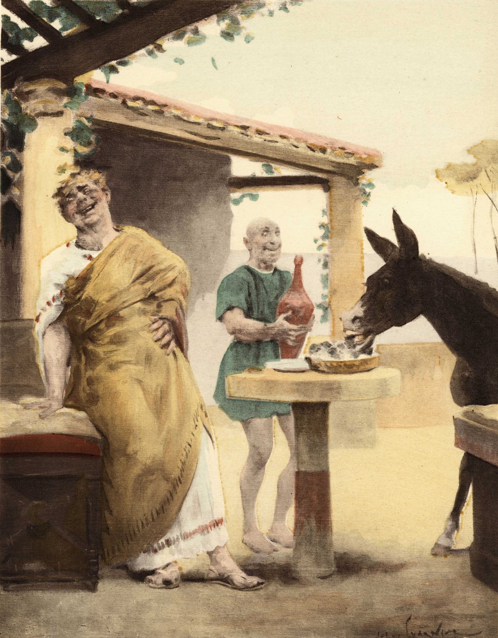 Philomenes dör av skratt när han ser åsnan Sycophagus äta fikon medan en betjänt häller vin i en amfora. Pantagruel. illustration av Jules Garnier. I "Rabelais et l