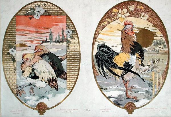 Tupp och kycklingar, design för en skärm, ca 1900 (färg litho) av Jules Auguste Habert Dys