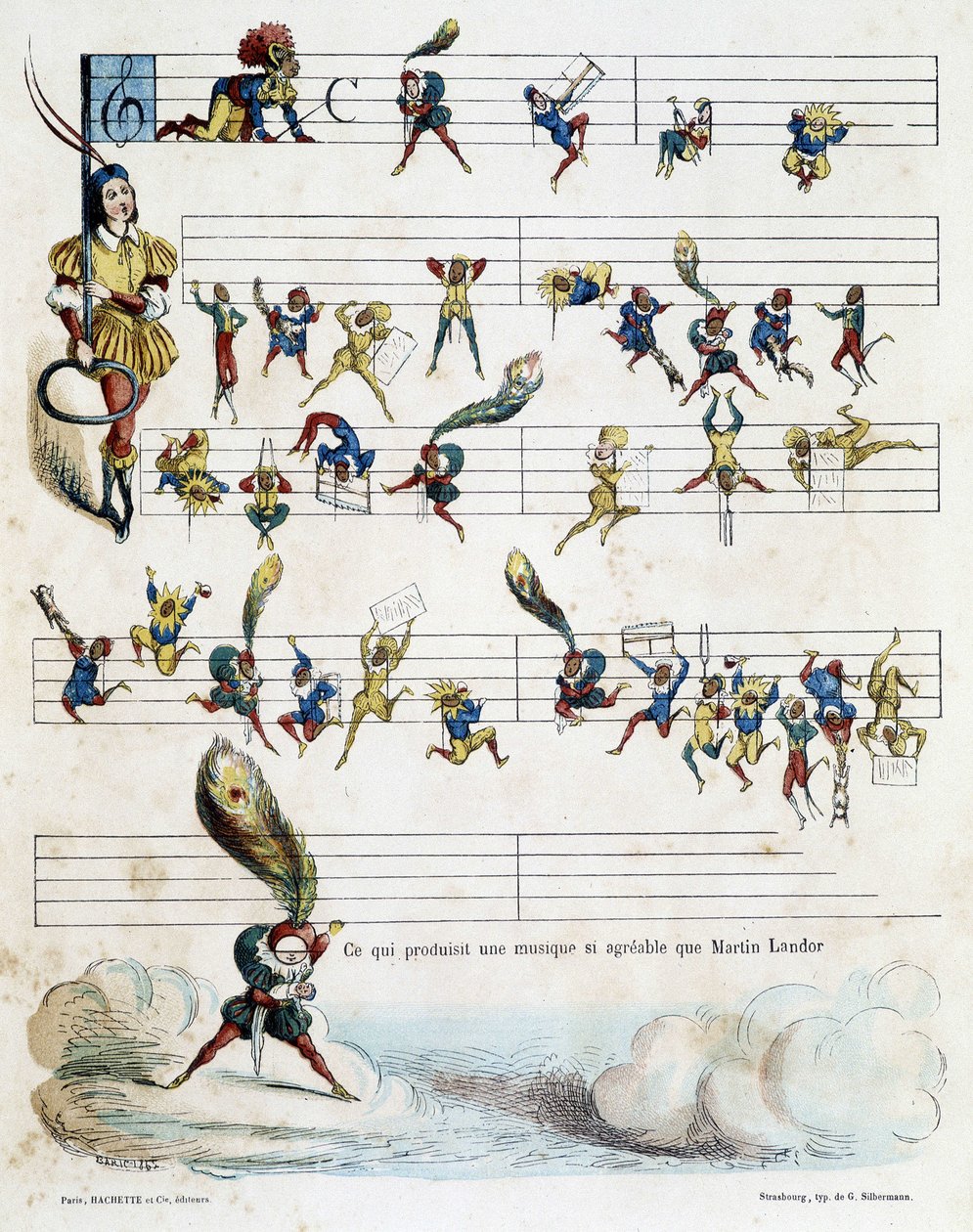 Noter av musik på ett partitur, teckning av Baric från 1862 för att illustrera Kroknotskis barnbok som berättar historien om Martin Landor. av Jules Baric