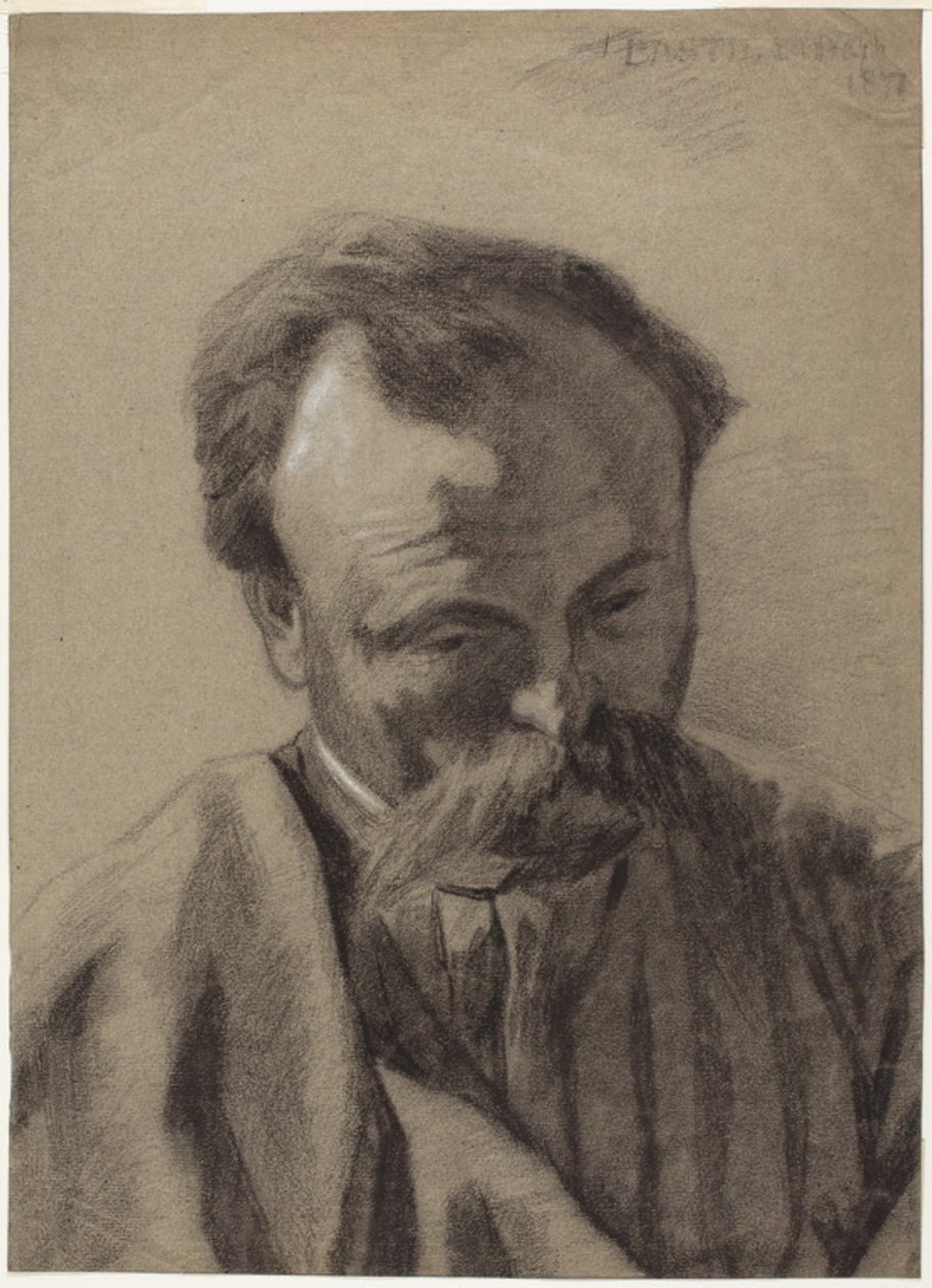 Självporträtt, ca 1877 (svart krita överstruken med vit krita, på grått liggande papper) av Jules Bastien Lepage