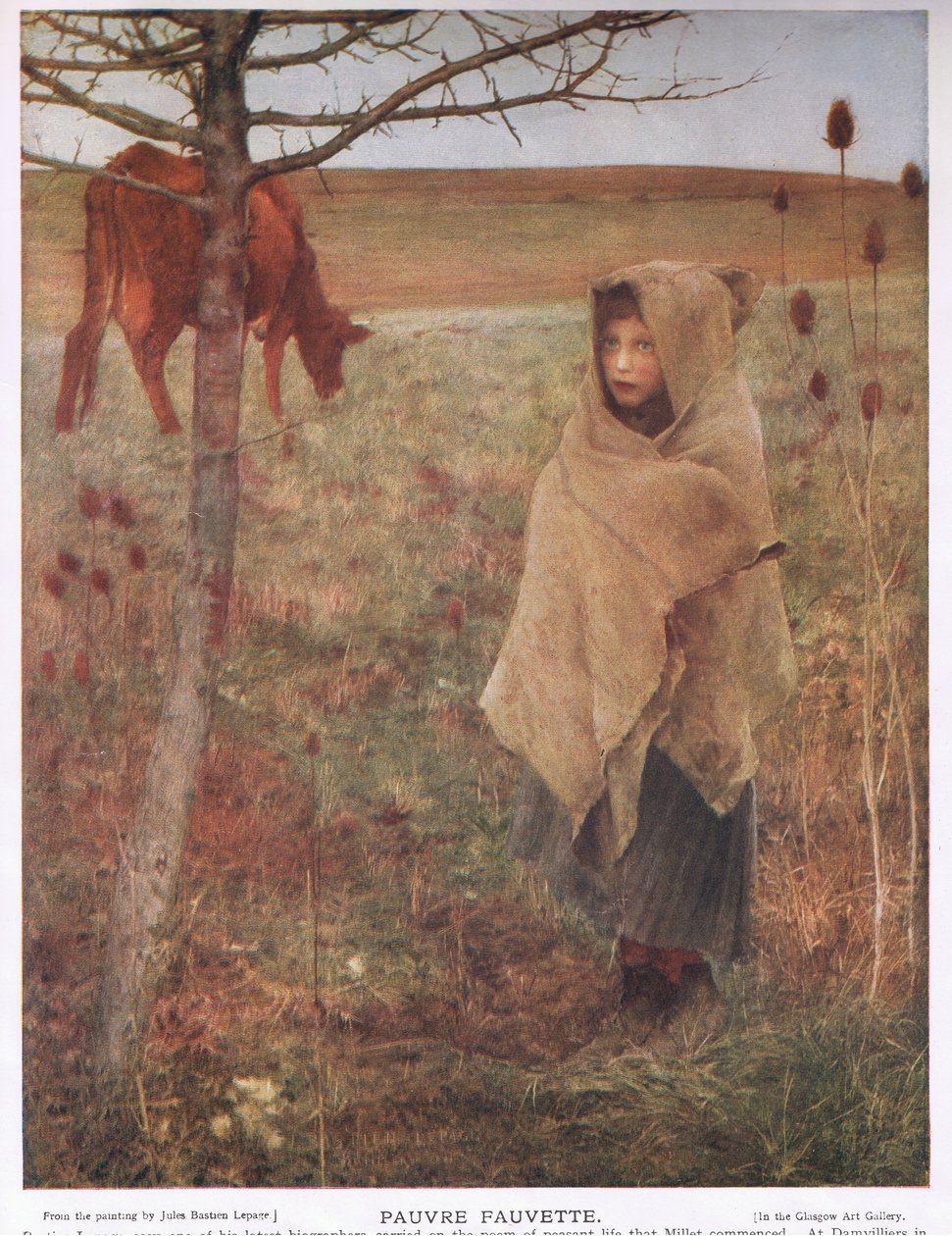 Frankrike, liten; flicka; Fauvette; ko; lantlig; fattig; Kläder av Jules Bastien Lepage