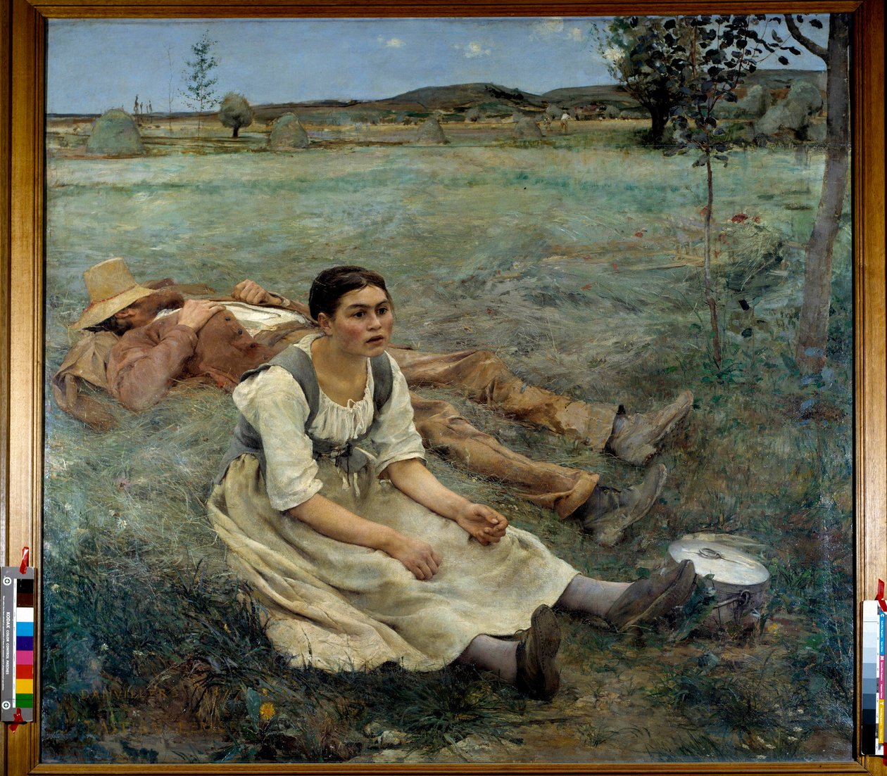 Hay En kvinna som sitter i gräset bredvid en man som sover under skördesäsongen. Målning av Jules Bastien Lepage (1848-1884) 1877 sön. 1,80 x 1,95 m av Jules Bastien Lepage