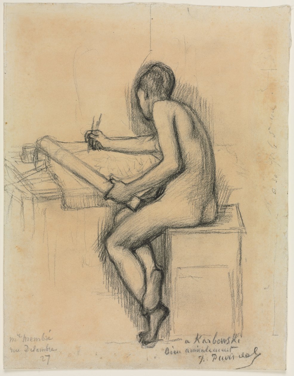 Studie av en sittande naken kvinnlig modellteckning av Jules Bastien Lepage