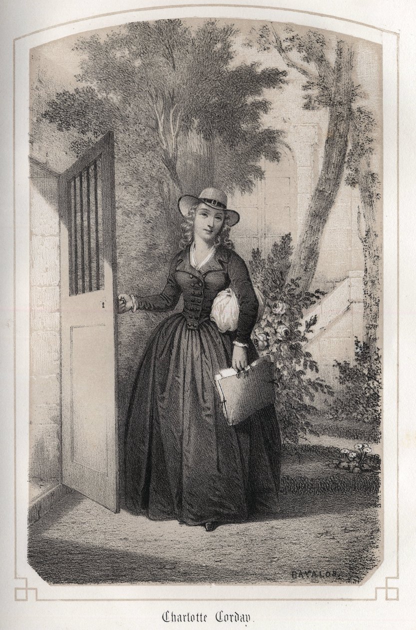 Porträtt av Charlotte Corday (1768 - 1793). i ""The illustrious women of France"" av grevinnan DROHOJOWSKA. ILLUSTRER AV DRUTS AV MM JULES OCH BAYALOS. omkring 1850. av Jules and Bayalos Aime de David
