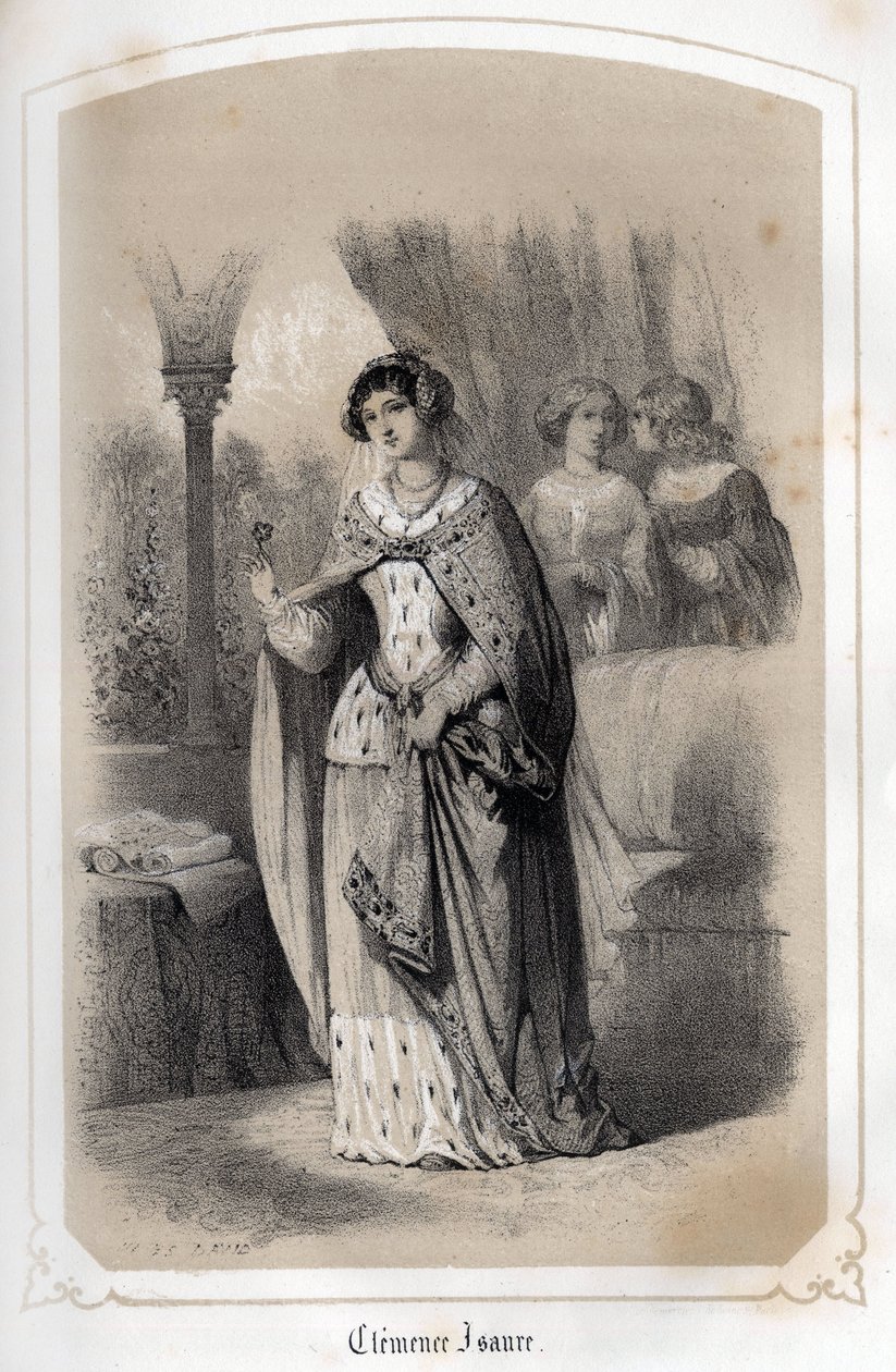 Porträtt av Clemence Isaure, Toulouse-dam som skulle ha levt på 1300-talet. i "Les femmes illustres de la France"" av grevinnan DROHOJOWSKA. Illustrerad av teckningar av MM JULES OCH BAYALOS. omkring 1850. av Jules and Bayalos Aime de David