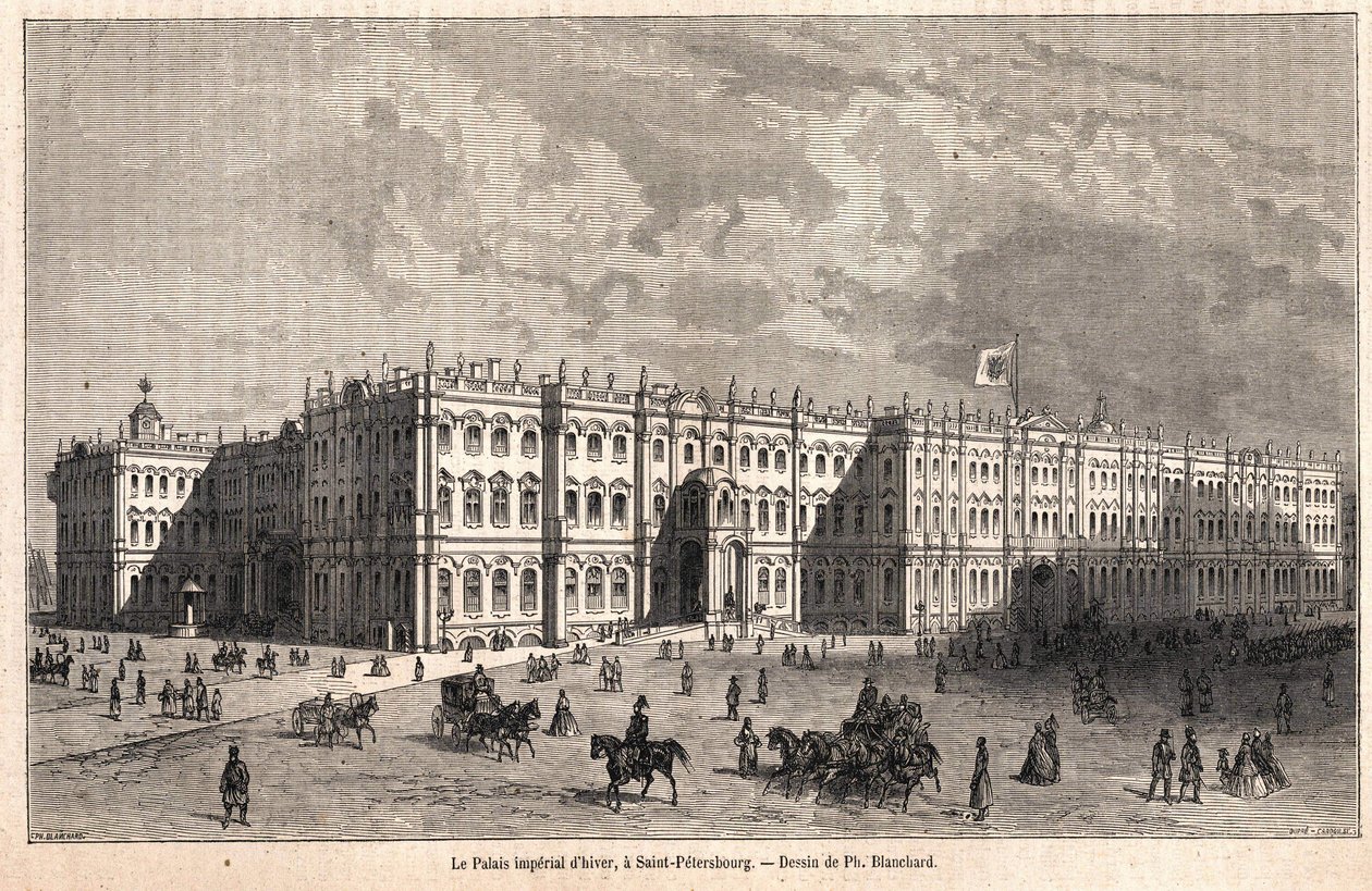 Det kejserliga vinterpalatset i St. Petersburg. Teckning av Blanchard av Jules Blanchard