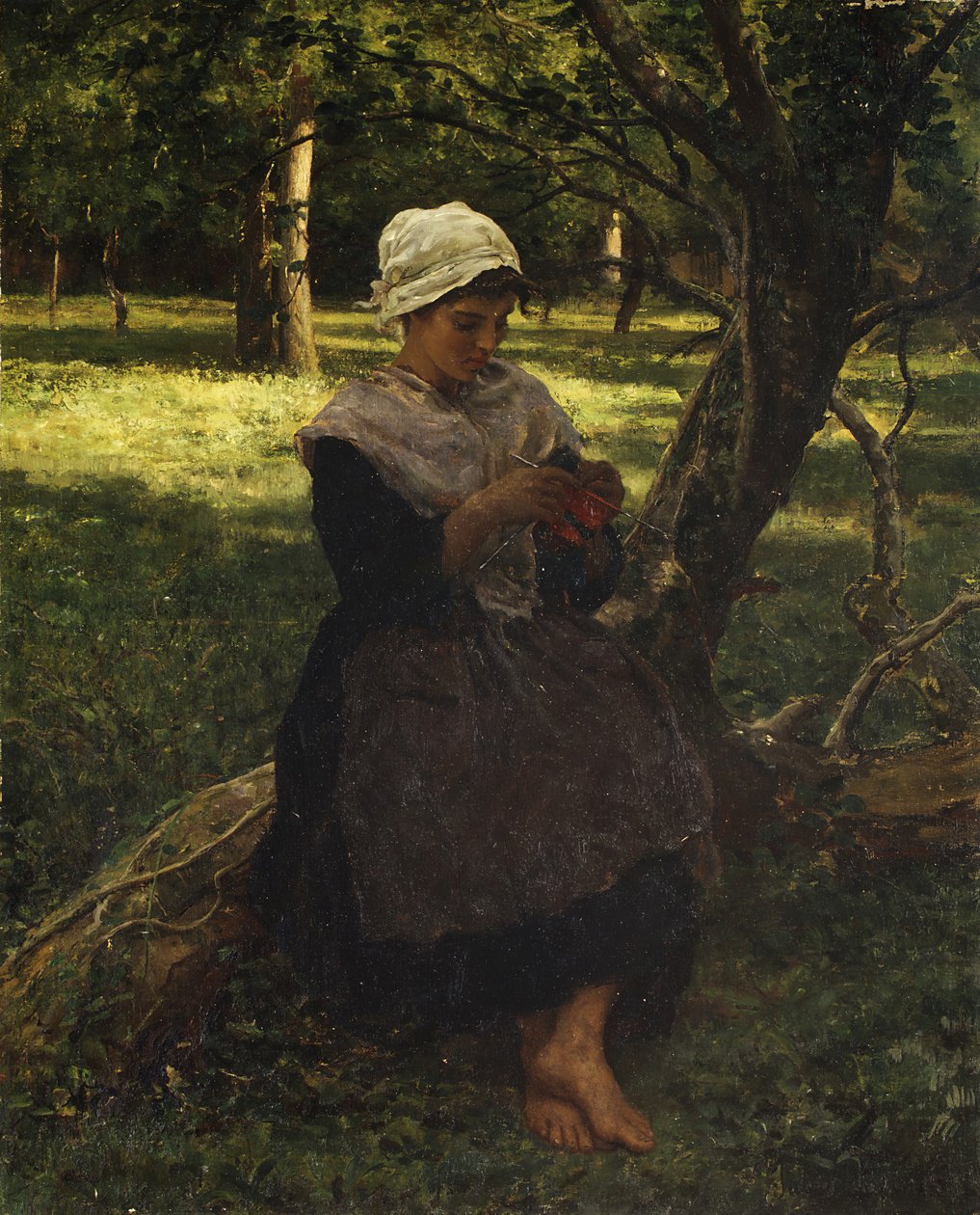En bondflickstickning, ca. 1870. av Jules Breton
