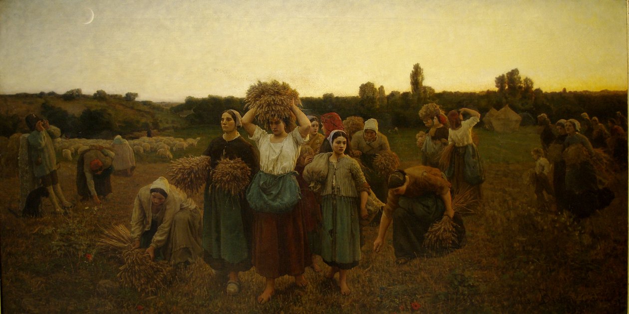 franska:  Le Rappel de glaneuses Att ringa in de som skördar korn av Jules Breton
