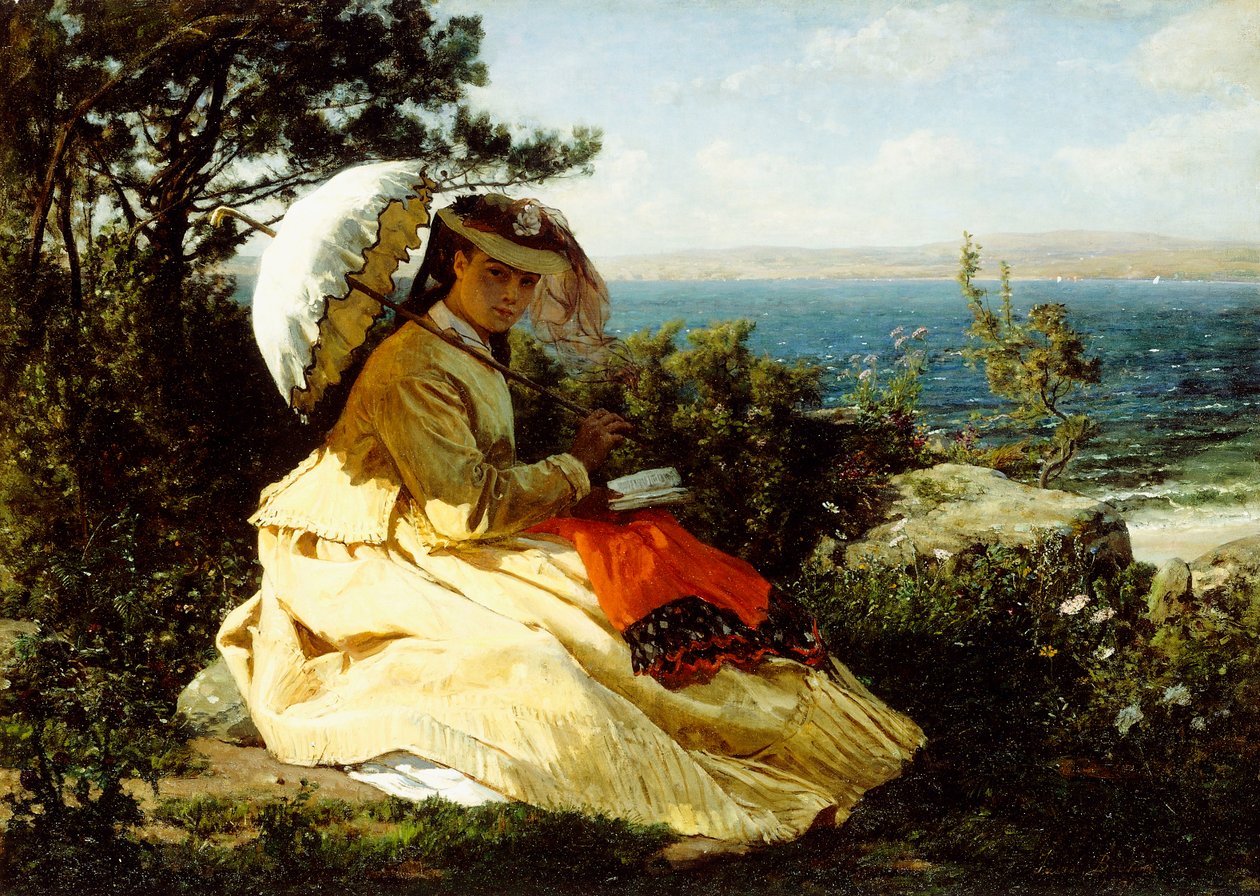 Kvinnan med parasollet; Bay of Douarnenez, 1871 av Jules Breton