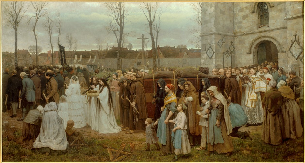 Planteringen av en Golgata procession framför en bretonsk kyrka. Målning av Jules Breton (1827-1906) 1858 sön. 1,35x2,5 m Lille, musee des Beaux Arts - Att resa en Golgata. Procession framför en bretonsk kyrka. Målning av Jules Breton (1827-1906) 1858 av Jules Breton