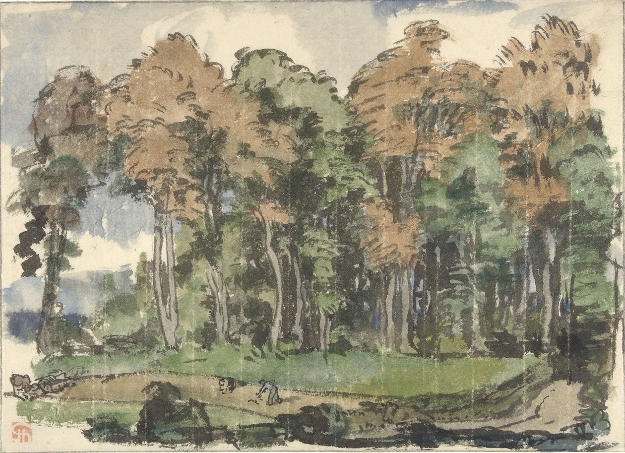 Väg i en skogsbryn, med bönder på jobbet av Jules Chadel