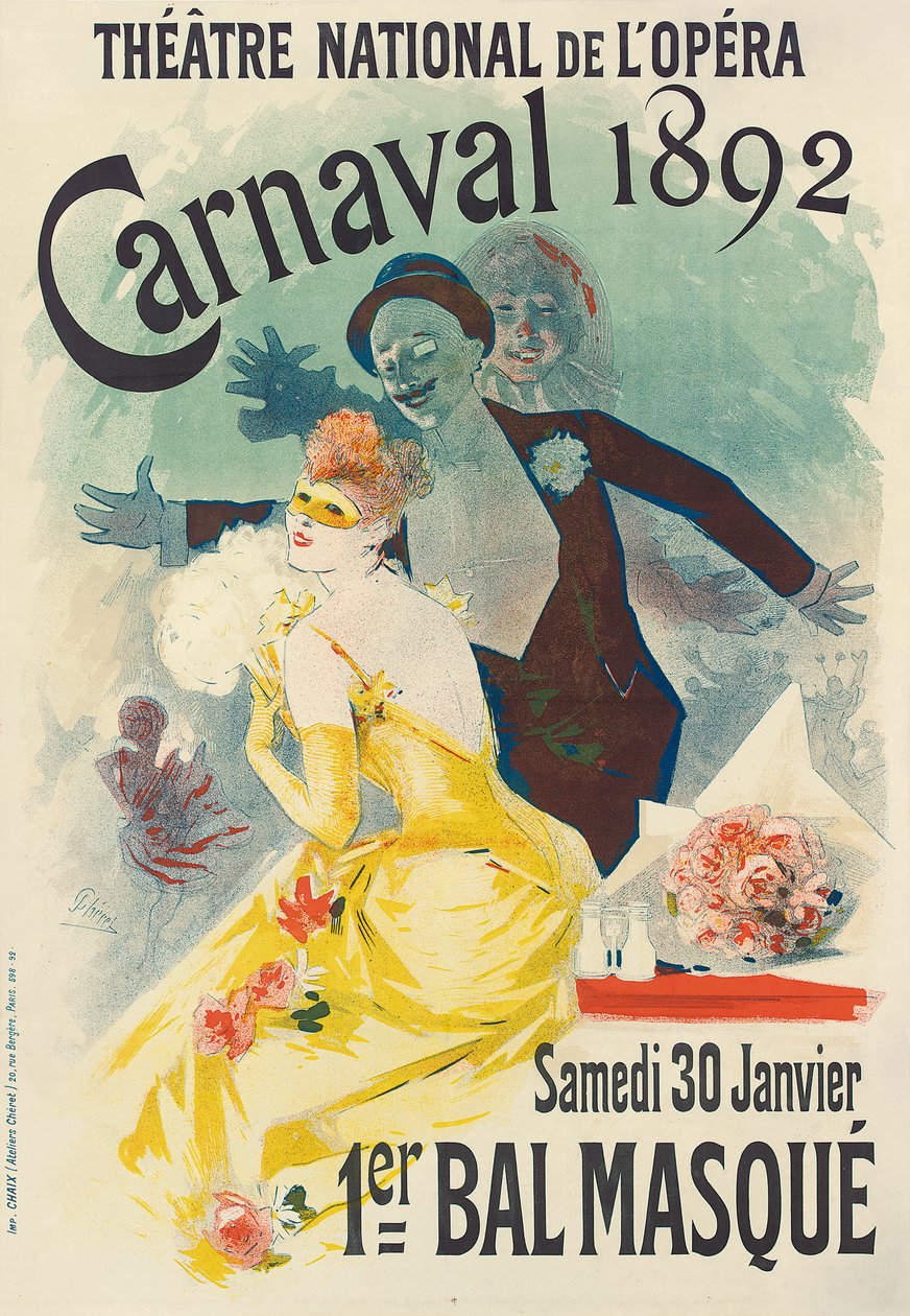 Annons för den första karnavalens maskerade bal på Theatre National de l"Opera, 1892, 1892 av Jules Cheret
