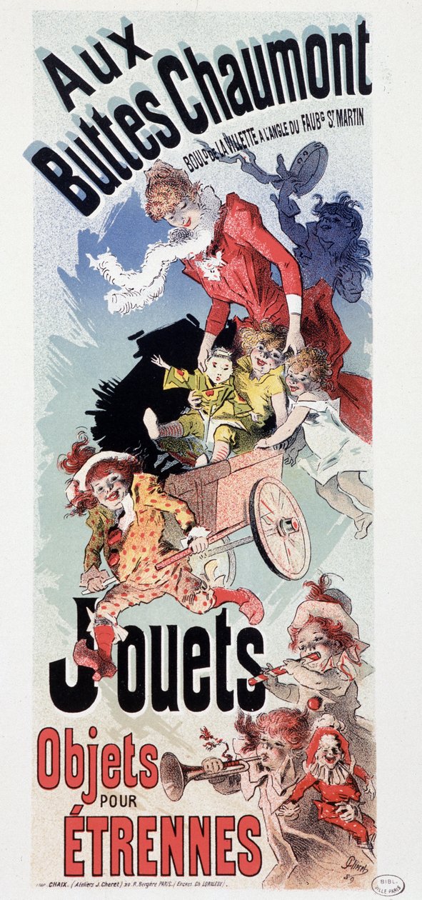 Reklam för leksaker i butiken "" Les Buttes Chaumont"" - av Jules Cheret, ca. 1890 av Jules Cheret