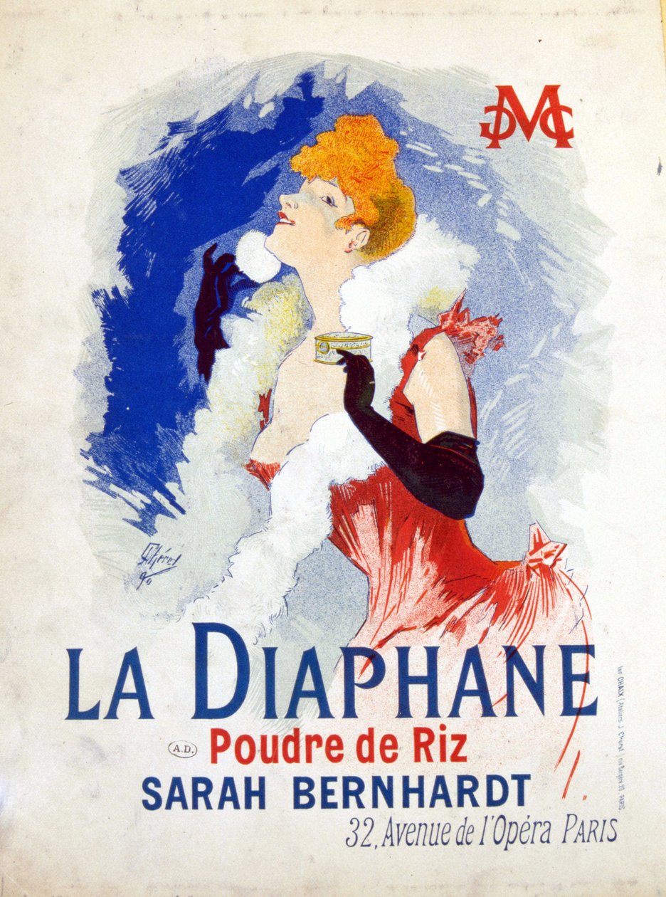 Reklam för "" La Diaphane: Rice Powder""" Henriette Rosine Bernard dit Sarah Bernhardt av Jules Cheret
