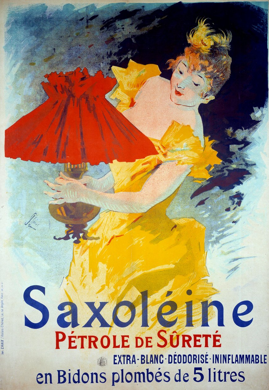 Reklamaffisch för produkten "Saxoleine Petrole de surete"": En kvinna lägger olja i en lampa. Affischreklam "Saxoleine", säkerhetslampolja av Jules Cheret (1836-1932) av Jules Cheret