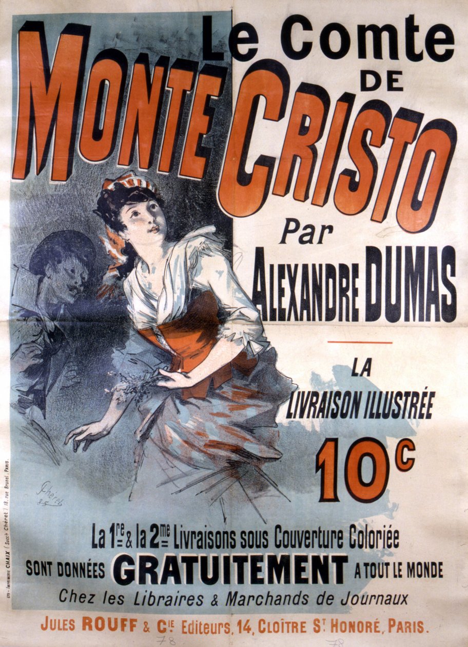 Annonsaffisch för försäljning av romanen "Le Comte de Monte-Cristo" av Alexandre Dumas, redigerad av Jules Rouff, illustrerad av Jules Cheret av Jules Cheret