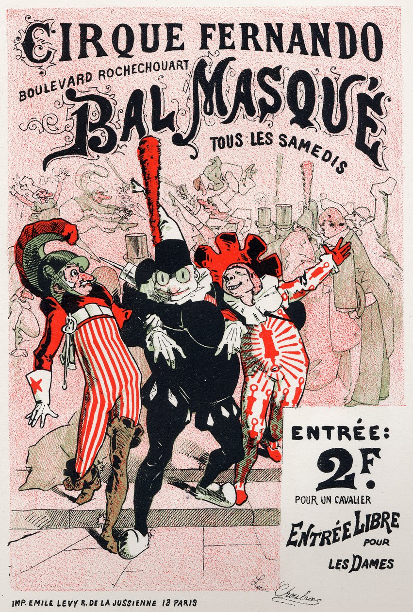 Konst. Underhållning. Fernando cirkusens maskeradbal, Paris. Affisch av Jules Cheret, Frankrike, ca 1870-80 (affisch) av Jules Cheret