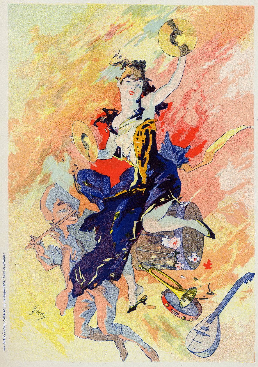 Konst. Underhållning. Musiken. Allegori av Jules Cheret, Frankrike, ca 1890 (affisch) av Jules Cheret