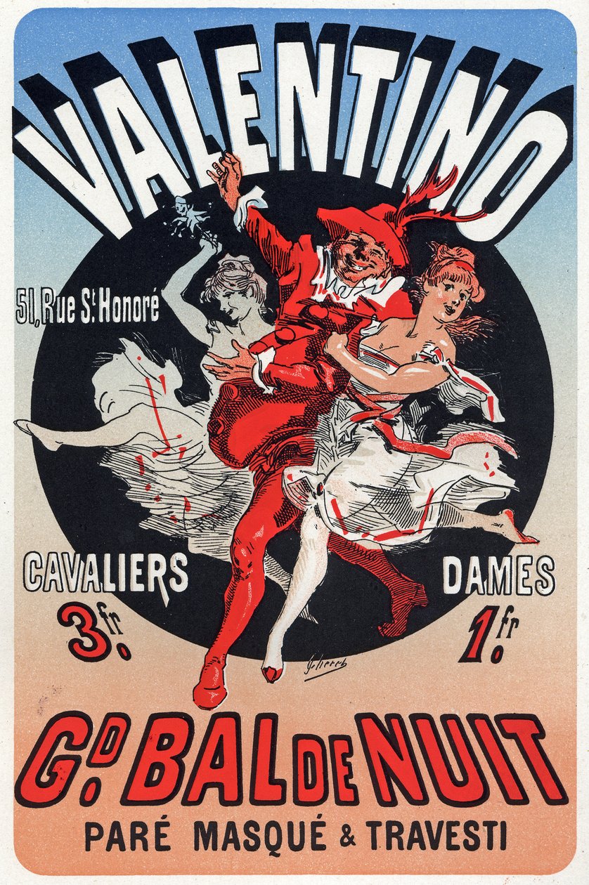 Konst. Underhållning. Valentino, maskeradbal i Paris. Affisch av Jules Cheret, Frankrike, ca 1870 (affisch) av Jules Cheret