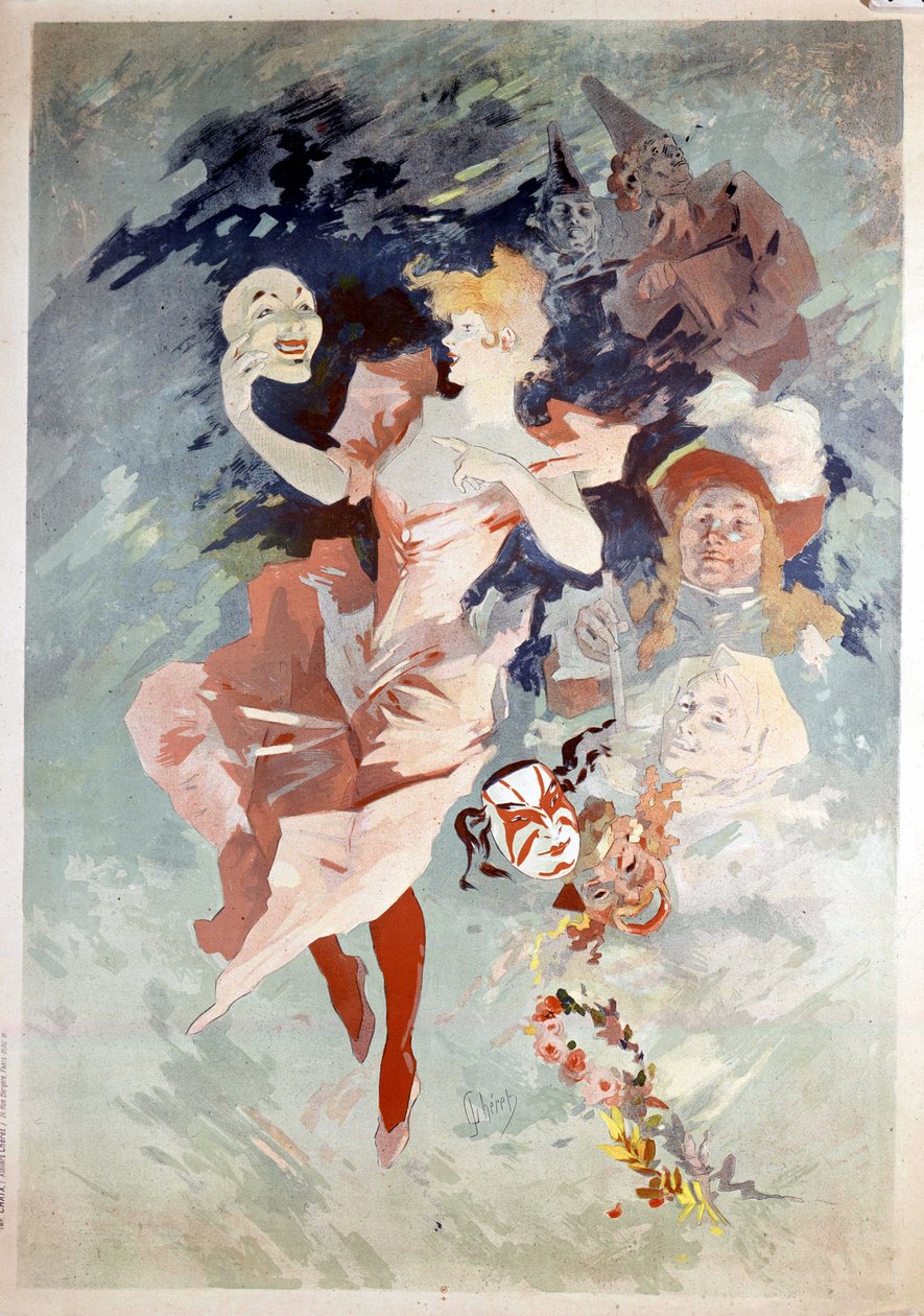 Karnevalsaffisch av Jules Cheret: kvinna med mask, B.N. Paris. 1800-talet. av Jules Cheret