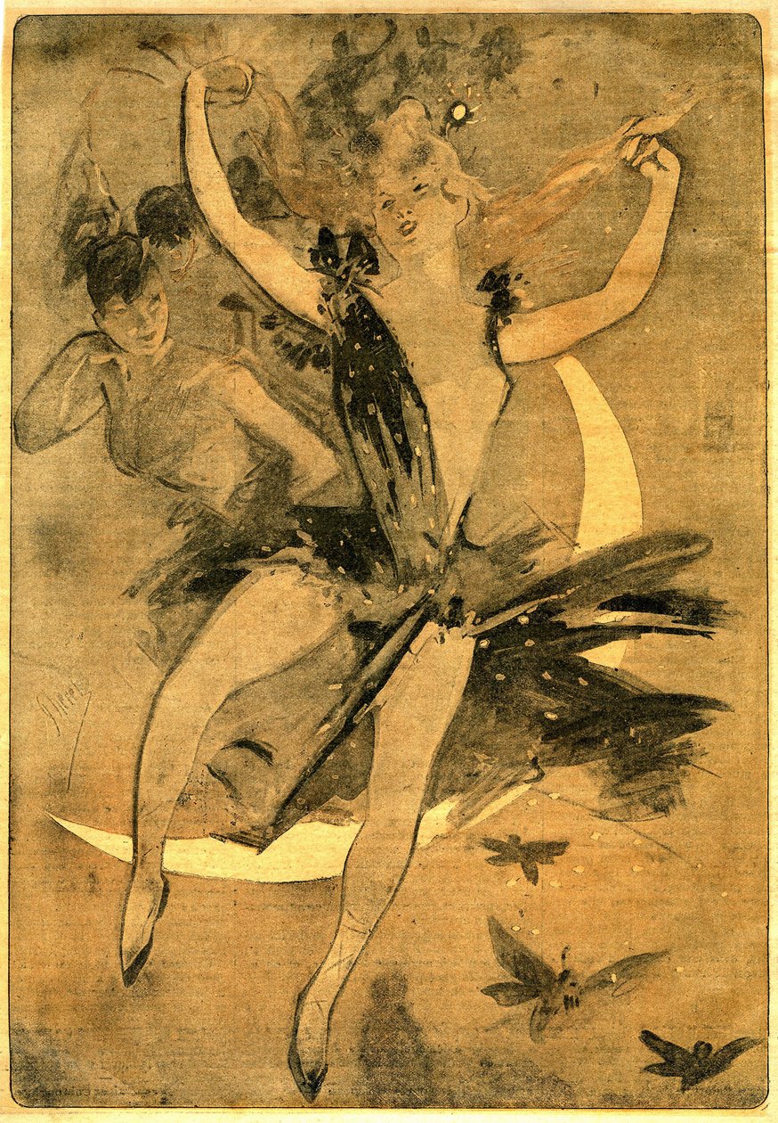 Teckning av Jules Cheret som illustrerar "" Lulu"" av Felicien Champsaur, roman och pantomim i en akt (1900) som iscensätter en clowndansös. "Lulu"" anses vara ett av de bästa exemplen på vad som i Frankrike har kallats "cirkuslitteraturen". av Jules Cheret