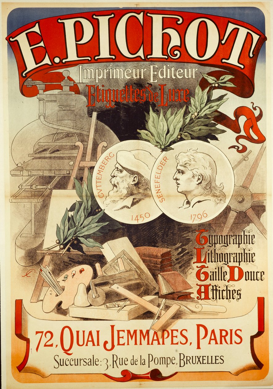 E.PICHOT/Drucker Herausgeber/ Luxus-Etiketten/ Typografie/ Lithografie/ Tiefdruck/ Plakate/ 72,QUAI JEMMAPES,PARIS av Jules Cheret