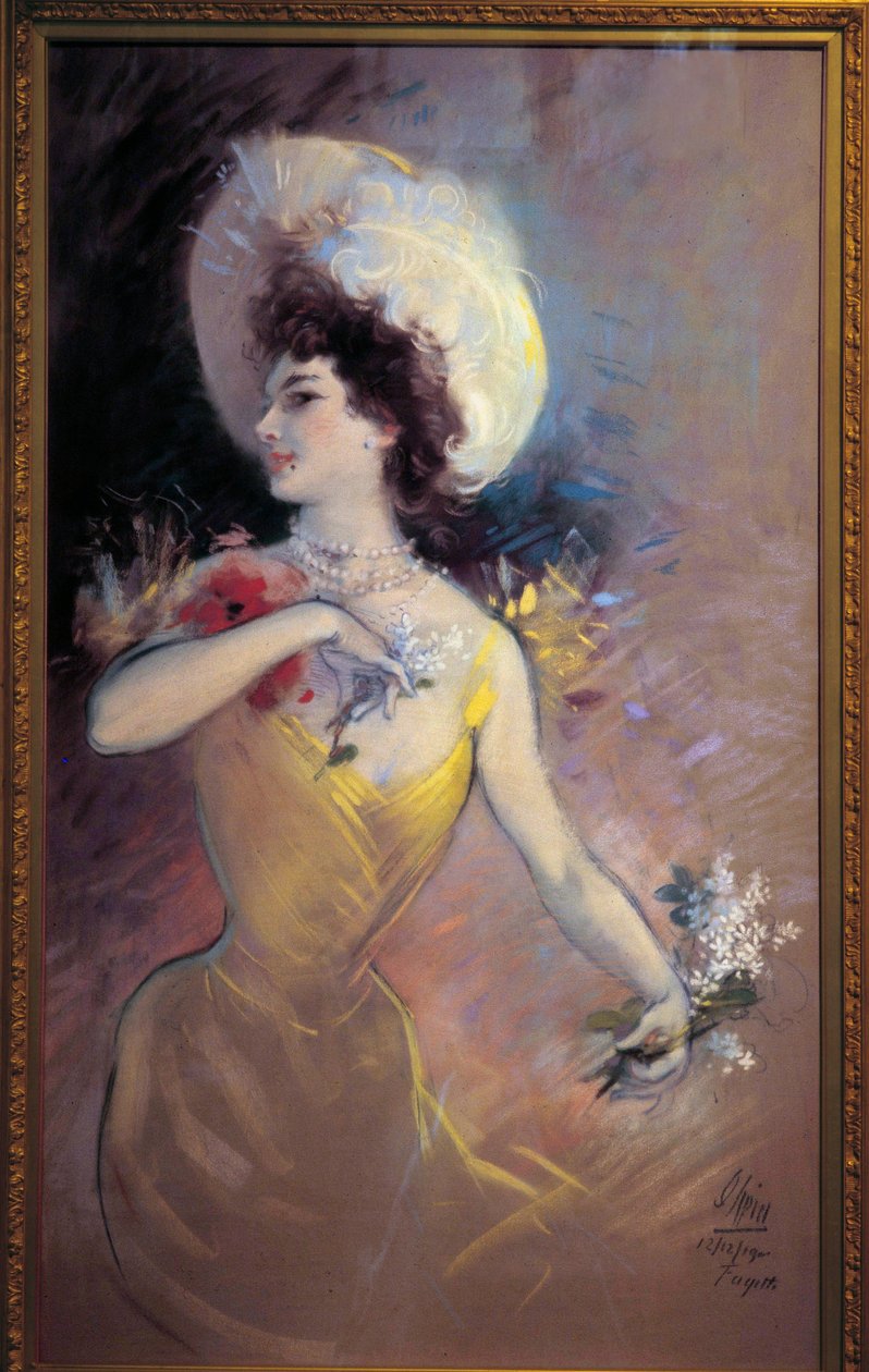 Fagette Ung kvinna med hatt och bukett blommor. Målning av Jules Cheret (1836-1932) 1900. Nice, Musee Cheret av Jules Cheret