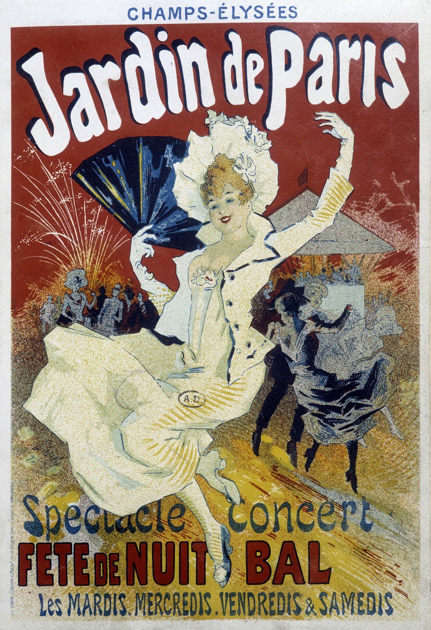 Jardin de Paris: show, konsert, nattfest och bal - affisch av Jules Chéret, sent 1800-tal av Jules Cheret